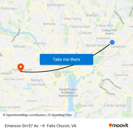 Emerson St+57 Av to Falls Church, VA map