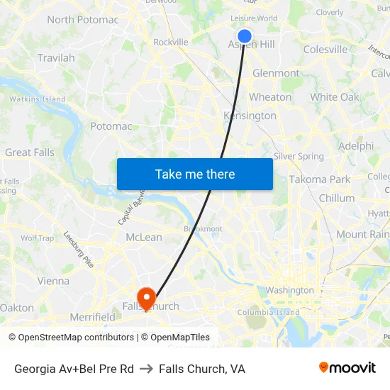 Georgia Av+Bel Pre Rd to Falls Church, VA map