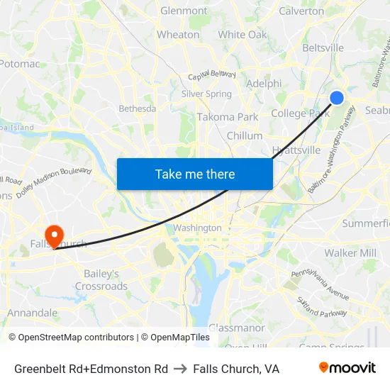 Greenbelt Rd+Edmonston Rd to Falls Church, VA map
