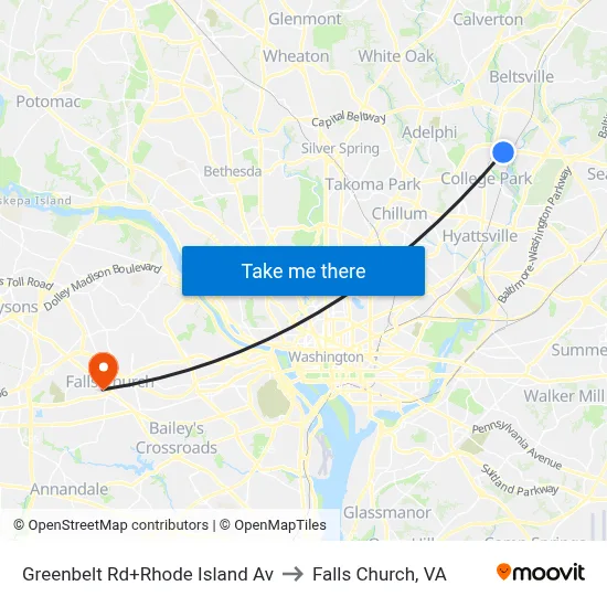 Greenbelt Rd+Rhode Island Av to Falls Church, VA map