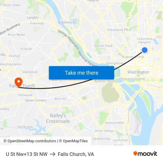 U St Nw+13 St NW to Falls Church, VA map