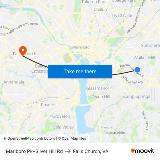 Marlboro Pk+Silver Hill Rd to Falls Church, VA map