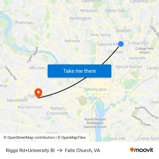Riggs Rd+University Bl to Falls Church, VA map