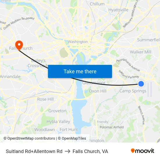Suitland Rd+Allentown Rd to Falls Church, VA map