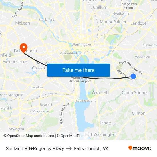 Suitland Rd+Regency Pkwy to Falls Church, VA map