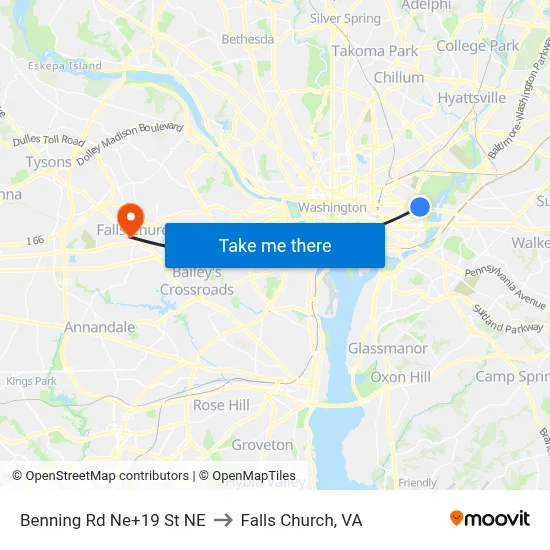 Benning Rd Ne+19 St NE to Falls Church, VA map