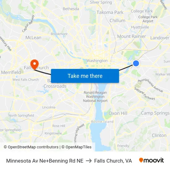 Minnesota Av Ne+Benning Rd NE to Falls Church, VA map