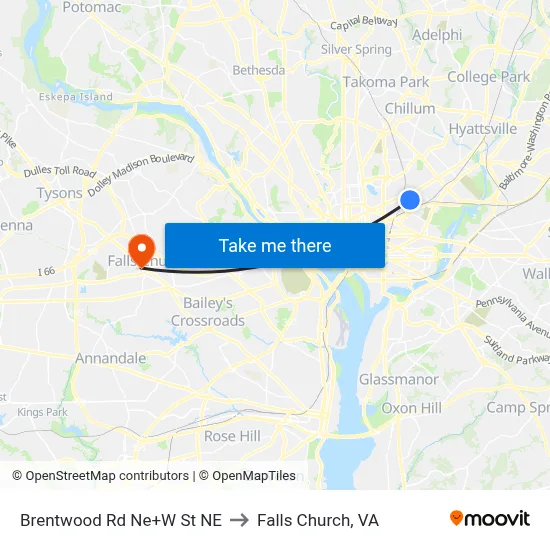 Brentwood Rd Ne+W St NE to Falls Church, VA map