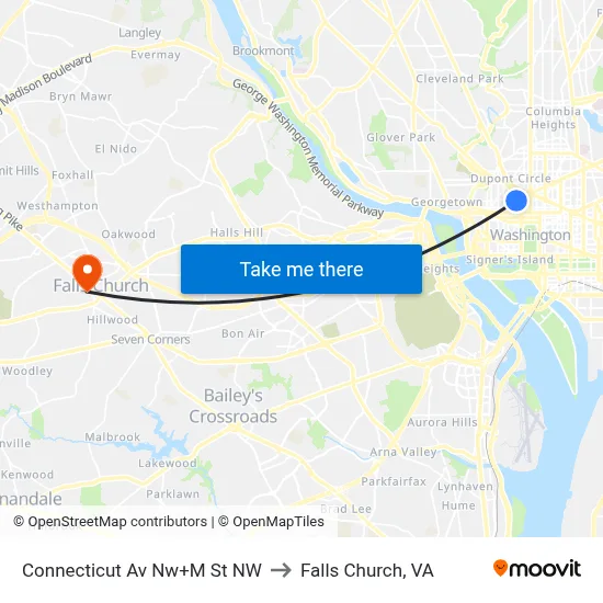 Connecticut Av Nw+M St NW to Falls Church, VA map
