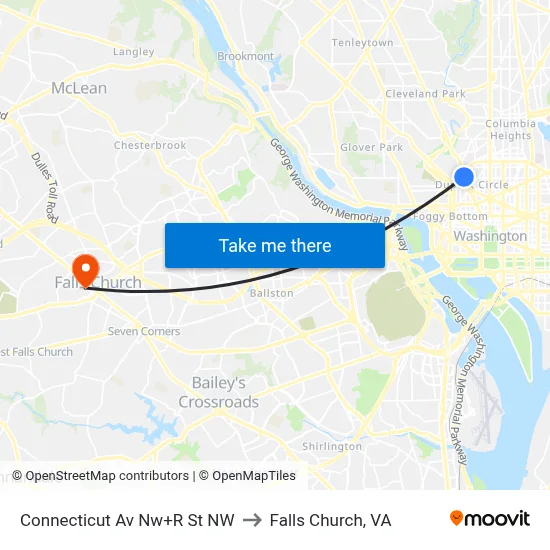 Connecticut Av Nw+R St NW to Falls Church, VA map