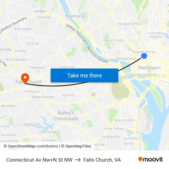 Connecticut Av Nw+N St NW to Falls Church, VA map