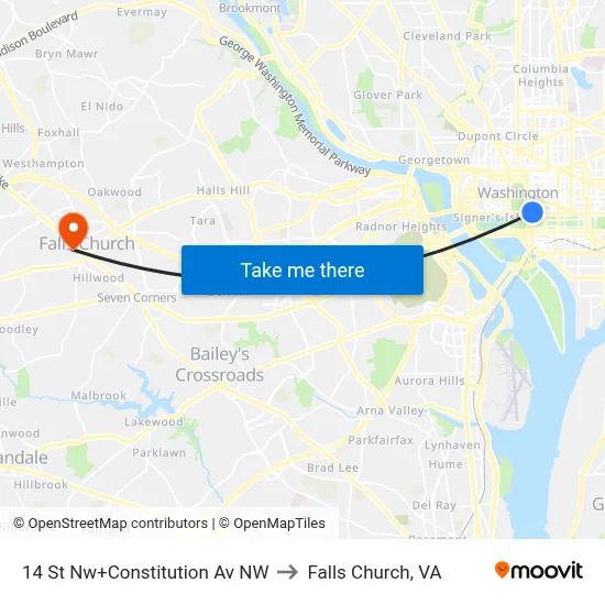 14 St Nw+Constitution Av NW to Falls Church, VA map