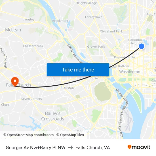 Georgia Av Nw+Barry Pl NW to Falls Church, VA map