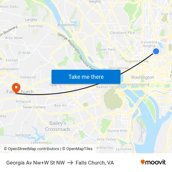 Georgia Av Nw+W St NW to Falls Church, VA map