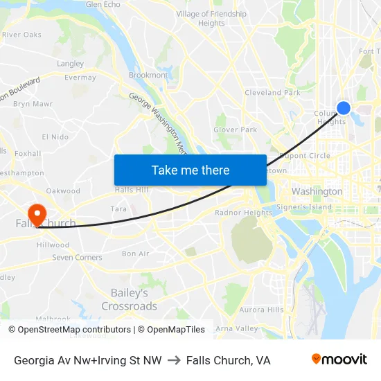 Georgia Av Nw+Irving St NW to Falls Church, VA map