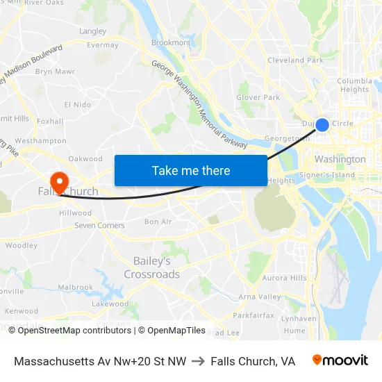 Massachusetts Av Nw+20 St NW to Falls Church, VA map