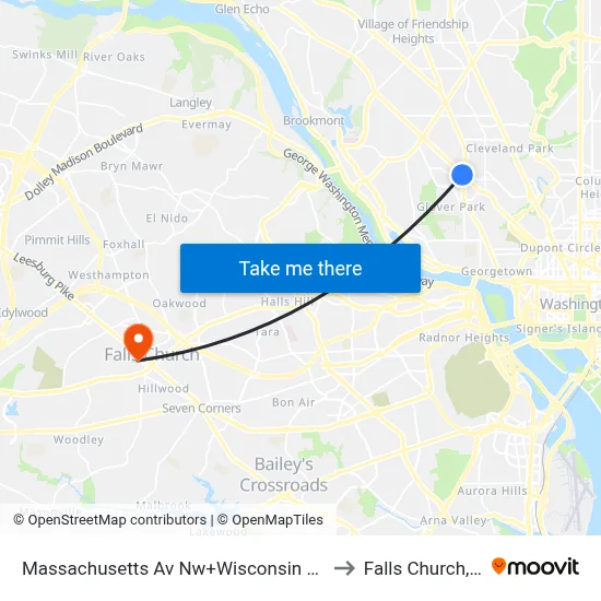 Massachusetts Av Nw+Wisconsin Av NW to Falls Church, VA map