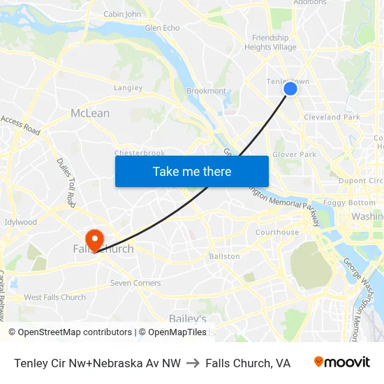 Tenley Cir Nw+Nebraska Av NW to Falls Church, VA map