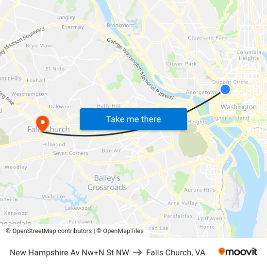 New Hampshire Av Nw+N St NW to Falls Church, VA map