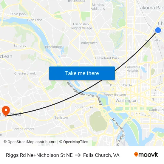 Riggs Rd Ne+Nicholson St NE to Falls Church, VA map