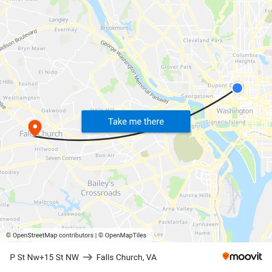 P St Nw+15 St NW to Falls Church, VA map