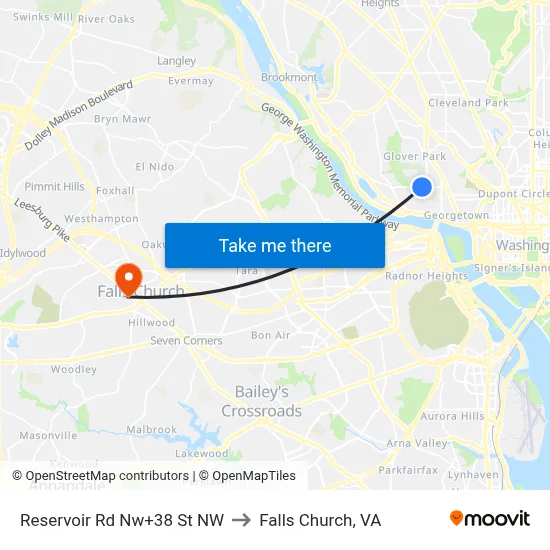 Reservoir Rd Nw+38 St NW to Falls Church, VA map