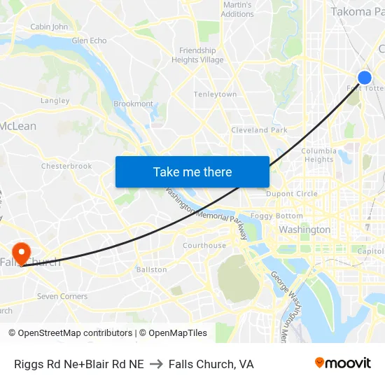 Riggs Rd Ne+Blair Rd NE to Falls Church, VA map