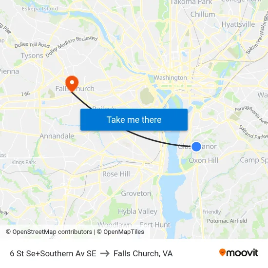 6 St Se+Southern Av SE to Falls Church, VA map