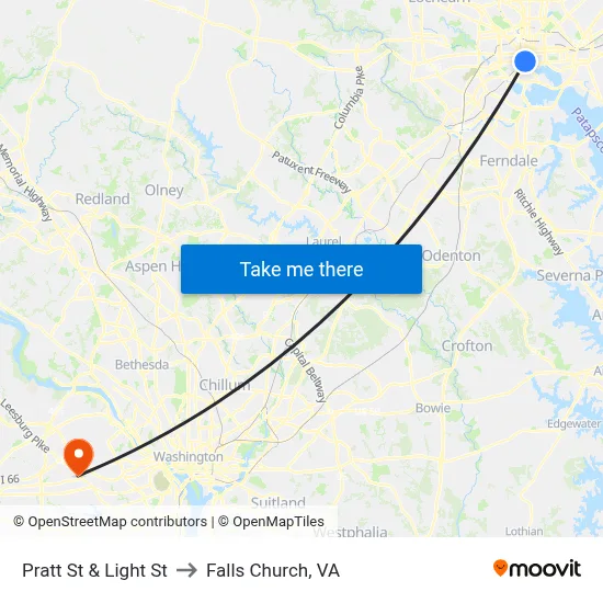 Pratt St & Light St to Falls Church, VA map