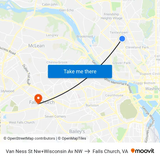 Van Ness St Nw+Wisconsin Av NW to Falls Church, VA map