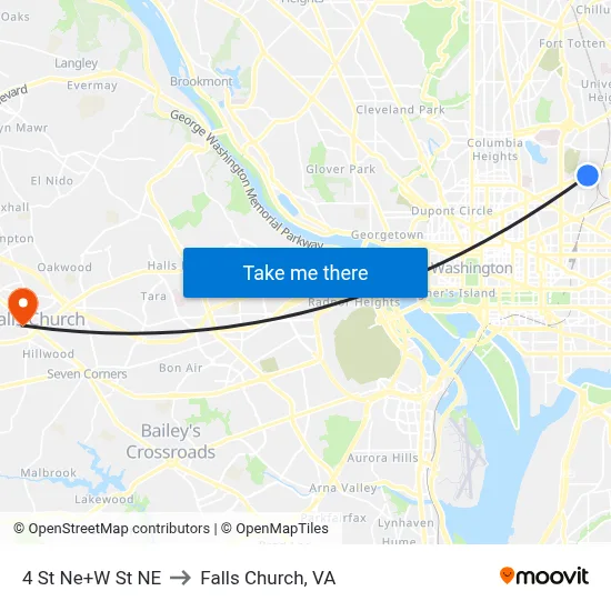 4 St Ne+W St NE to Falls Church, VA map