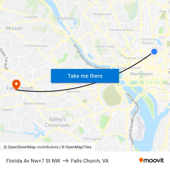 Florida Av Nw+7 St NW to Falls Church, VA map