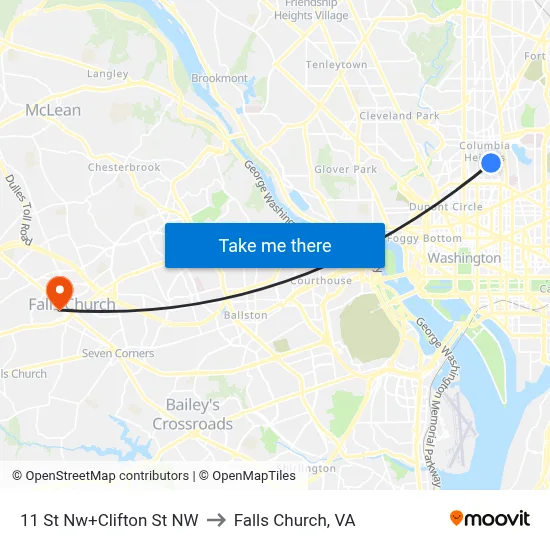 11 St Nw+Clifton St NW to Falls Church, VA map