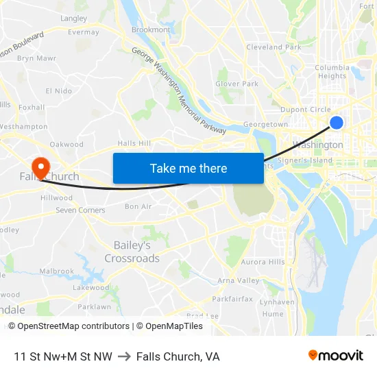 11 St Nw+M St NW to Falls Church, VA map