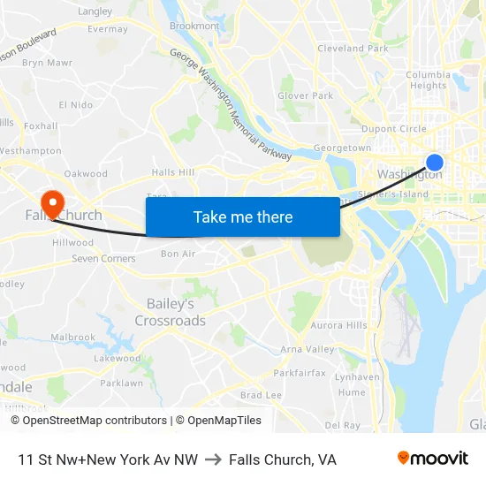 11 St Nw+New York Av NW to Falls Church, VA map