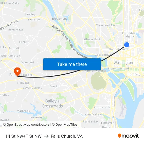 14 St Nw+T St NW to Falls Church, VA map