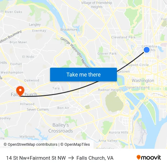 14 St Nw+Fairmont St NW to Falls Church, VA map
