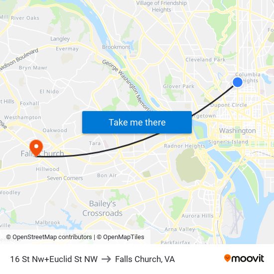 16 St Nw+Euclid St NW to Falls Church, VA map