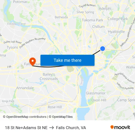 18 St Ne+Adams St NE to Falls Church, VA map