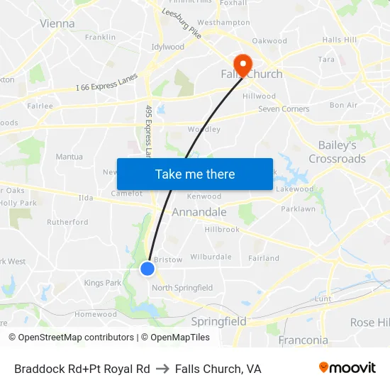 Braddock Rd+Pt Royal Rd to Falls Church, VA map