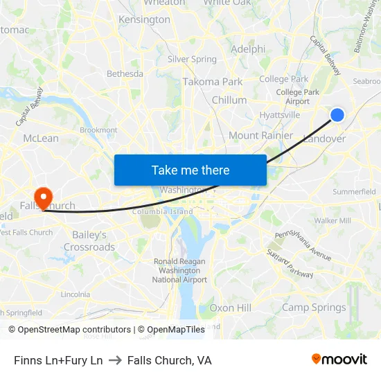 Finns Ln+Fury Ln to Falls Church, VA map