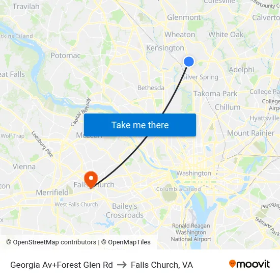Georgia Av+Forest Glen Rd to Falls Church, VA map