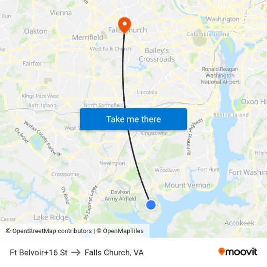 Ft Belvoir+16 St to Falls Church, VA map
