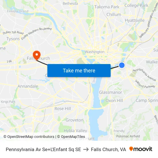 Pennsylvania Av Se+L'Enfant Sq SE to Falls Church, VA map