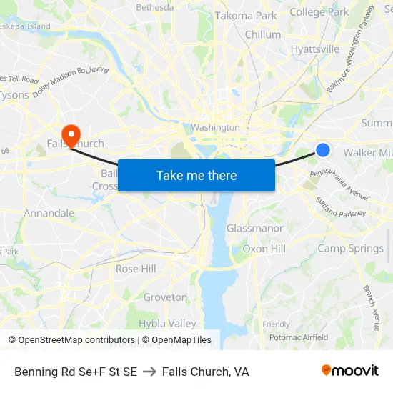 Benning Rd Se+F St SE to Falls Church, VA map