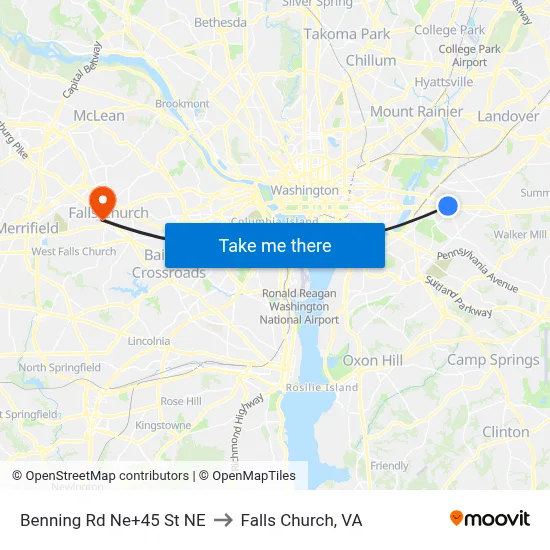 Benning Rd Ne+45 St NE to Falls Church, VA map