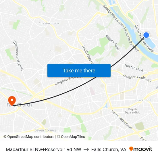 Macarthur Bl Nw+Reservoir Rd NW to Falls Church, VA map