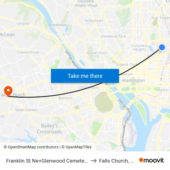 Franklin St Ne+Glenwood Cemetery to Falls Church, VA map
