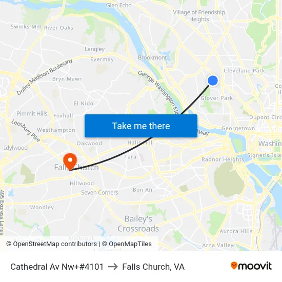 Cathedral Av Nw+#4101 to Falls Church, VA map