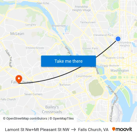 Lamont St Nw+Mt Pleasant St NW to Falls Church, VA map